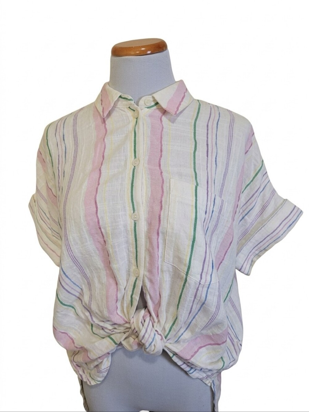 Madewell Rainbow Stripe Linen Blend Daily Shirt Short Sleeve Button Down Top XS
